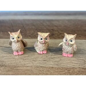 Set of 3 Miniature Owl Figurines Resin Fairy Garden Terrarium Decor Brown Pink